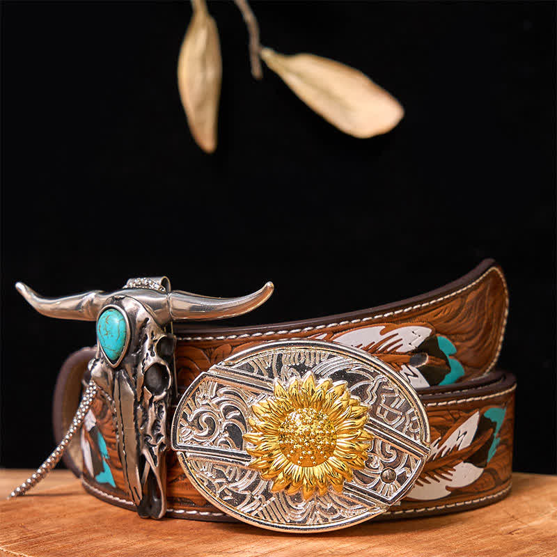 Gold & Silver DIY Hidden Knife Belt Buckle Turquoise Longhorn Pendant Bundle Set (PRE-SALE) - Sunflower - Brown Feather Belt - 40 - image 19