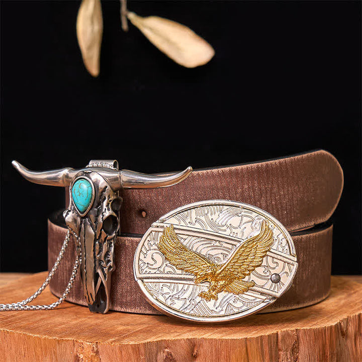 Gold & Silver DIY Hidden Knife Belt Buckle Turquoise Longhorn Pendant Bundle Set (PRE-SALE) - Eagle - Brown Distressed Belt - 42 - image 35