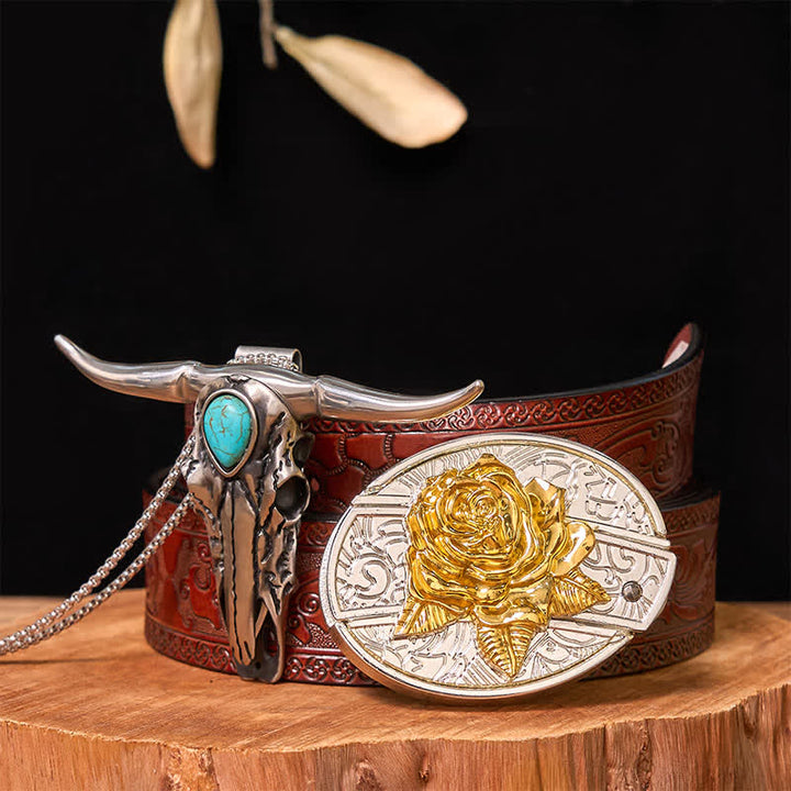 Gold & Silver DIY Hidden Knife Belt Buckle Turquoise Longhorn Pendant Bundle Set (PRE-SALE) - Rose - Brown Carved Belt - 42 - image 27