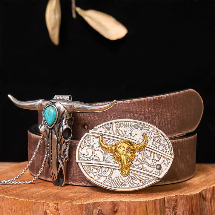 Gold & Silver DIY Hidden Knife Belt Buckle Turquoise Longhorn Pendant Bundle Set (PRE-SALE) - Bull - Brown Distressed Belt - 42 - image 9