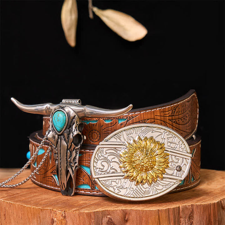 Gold & Silver DIY Hidden Knife Belt Buckle Turquoise Longhorn Pendant Bundle Set (PRE-SALE) - Sunflower - Turquoise Carved Belt - 42 - image 15