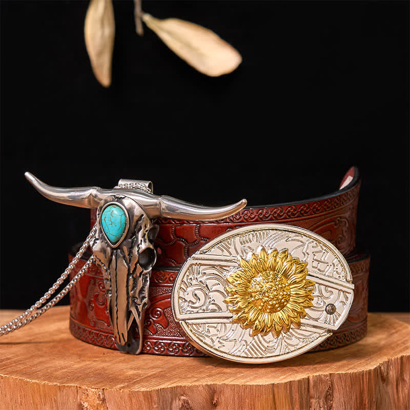 Gold & Silver DIY Hidden Knife Belt Buckle Turquoise Longhorn Pendant Bundle Set (PRE-SALE) - Sunflower - Brown Carved Belt - 42 - image 18