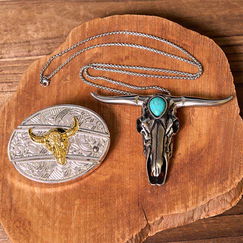 Gold & Silver DIY Hidden Knife Belt Buckle Turquoise Longhorn Pendant Bundle Set (PRE-SALE) - Bull - Without Belt - Not Include Belt - image 1