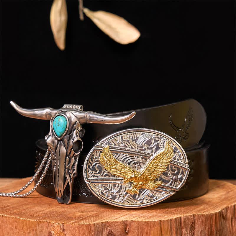 Gold & Silver DIY Hidden Knife Belt Buckle Turquoise Longhorn Pendant Bundle Set (PRE-SALE) - Eagle - Black Embossed Eagle Belt - 42 - image 32