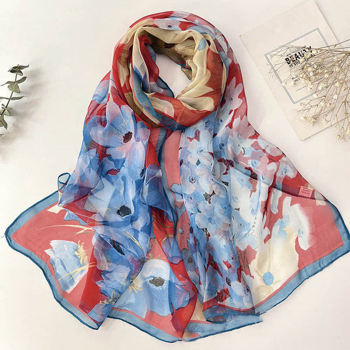 Women's Soft Summer Chiffon Flower Pattern Beach Sunscreen Scarf - #32 Blue Corn Poppy - image 33