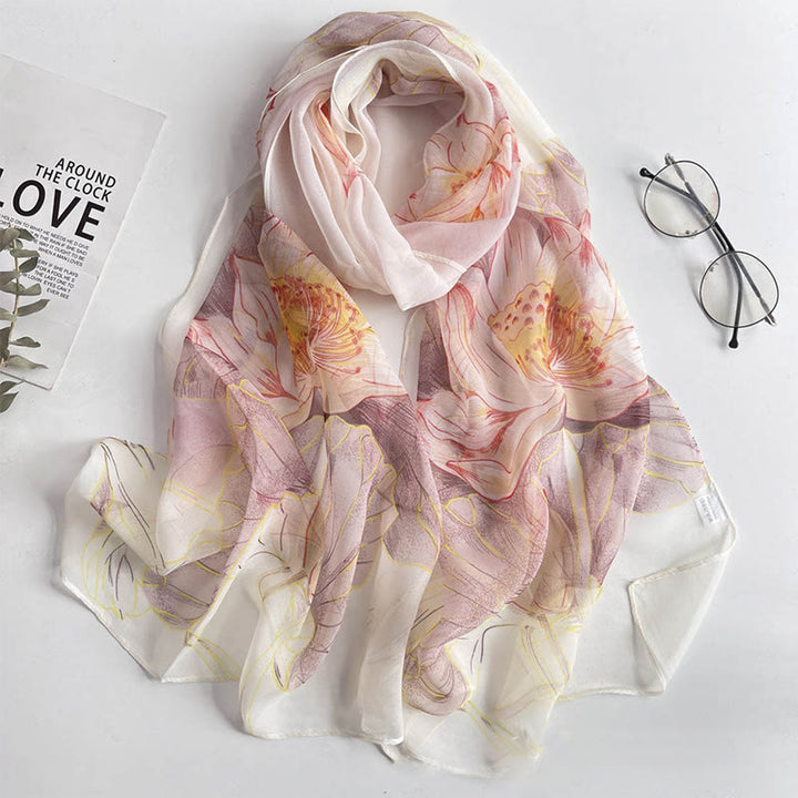 Women's Soft Summer Chiffon Flower Pattern Beach Sunscreen Scarf - #38 Wheat Lotus - image 40