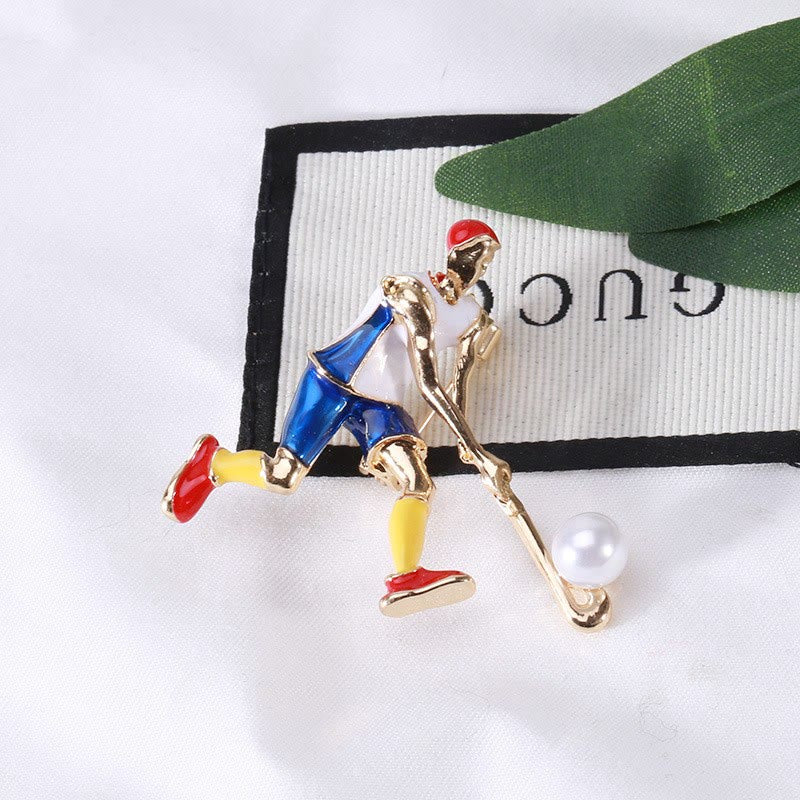 Cartoon Ice Hockey Player Brooch Gold Shirt Accessories