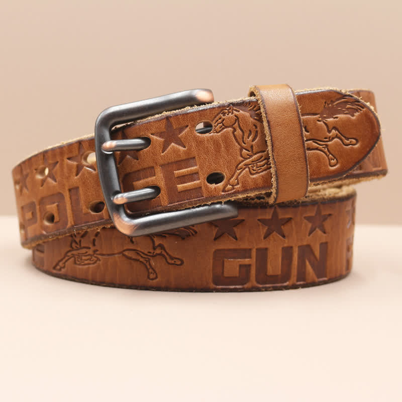 English Letter Gun Police Embossed Horse PatternLeather Belt