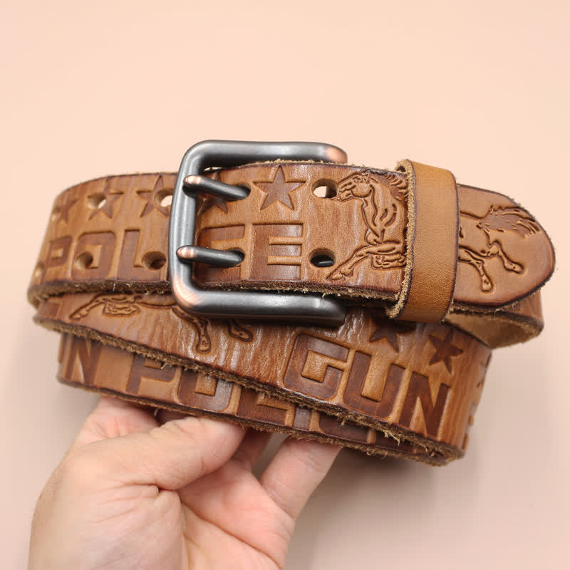 English Letter Gun Police Embossed Horse PatternLeather Belt