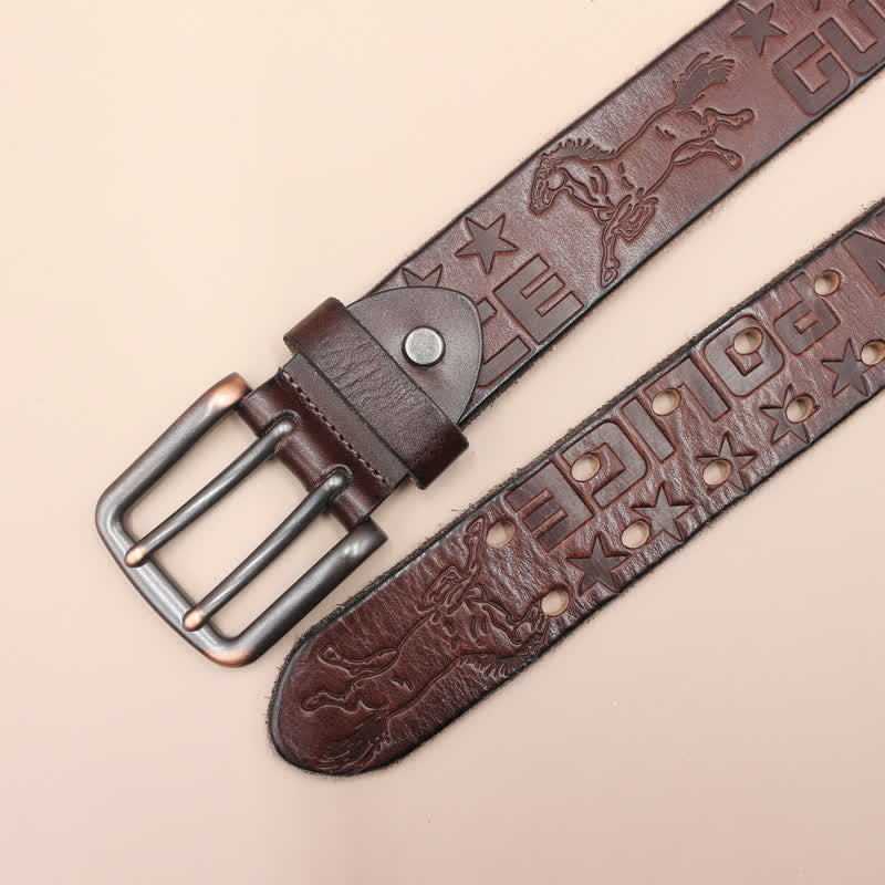 English Letter Gun Police Embossed Horse PatternLeather Belt