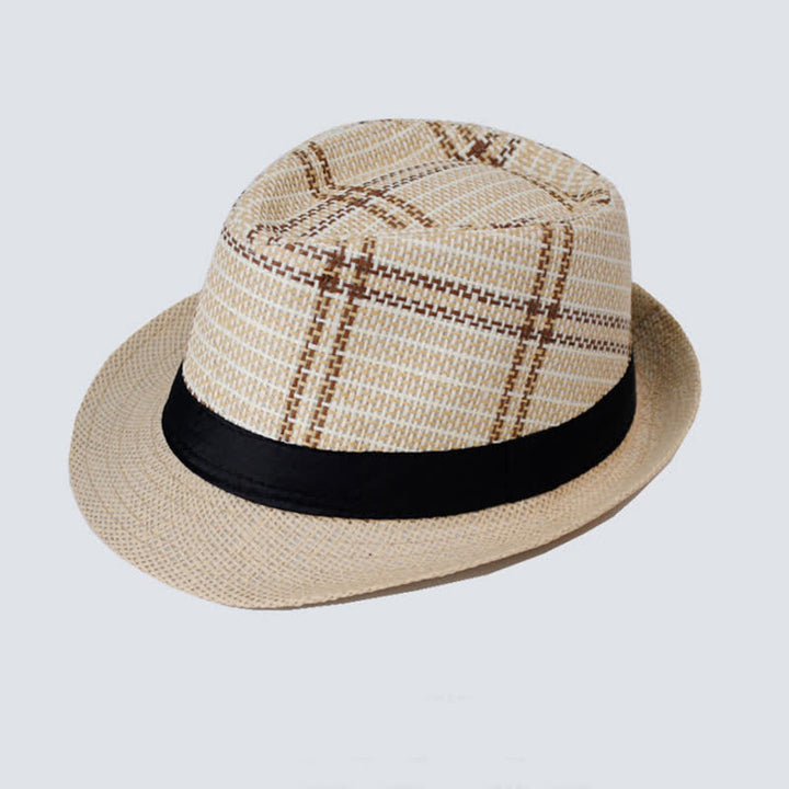 Men's Bohemia Style Plaid Pattern Straw Fedora Hat