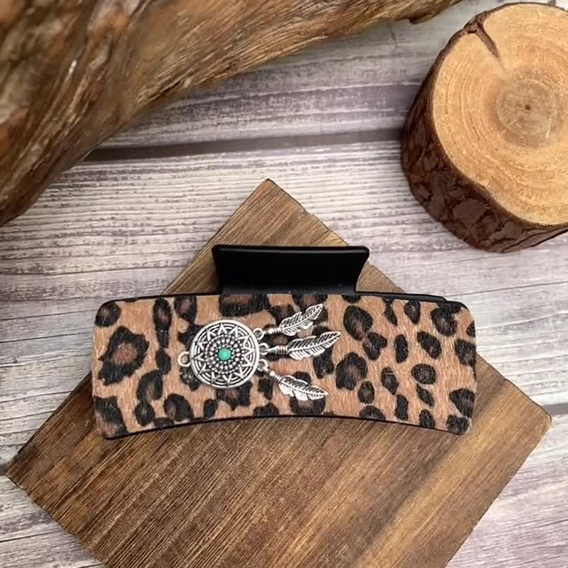 Women's Indian Turquoise Decor Leopard Print Hair Claw Clip