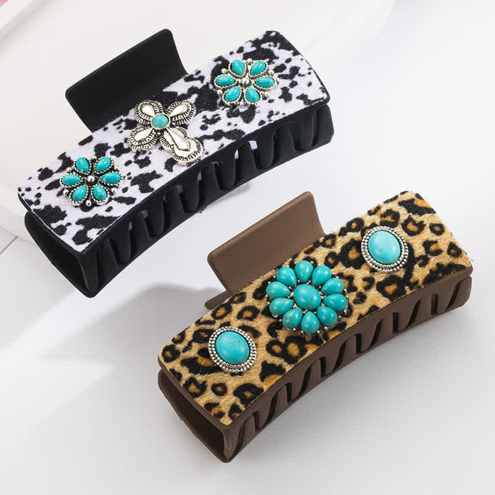 Women's Turquoise Leopard Dairy Cow Print Hair Claw Clip