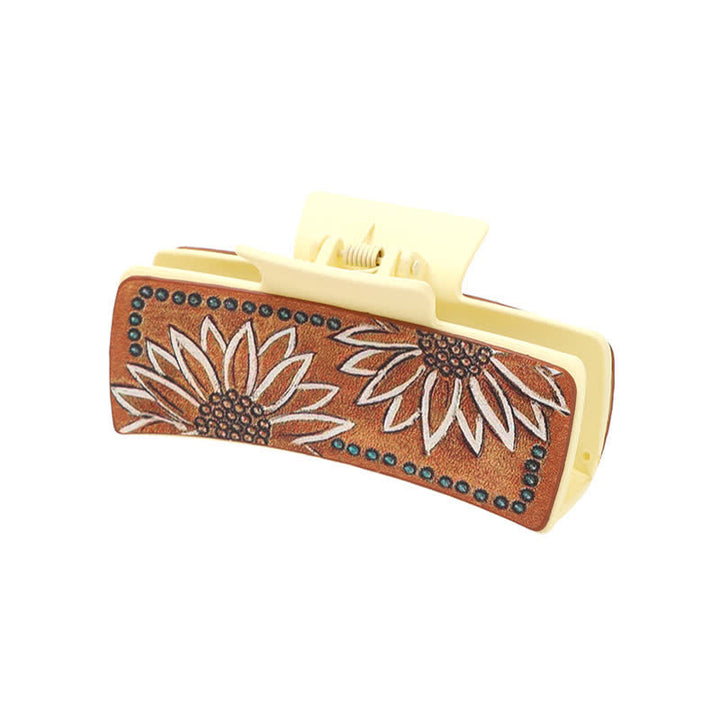 Women's Brown PU Leather Sunflower Print Hair Claw Clip