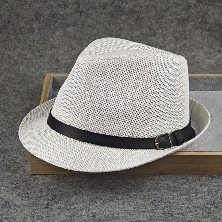 Men's British Plaid Houndstooth Pattern Summer Straw Fedora Hat