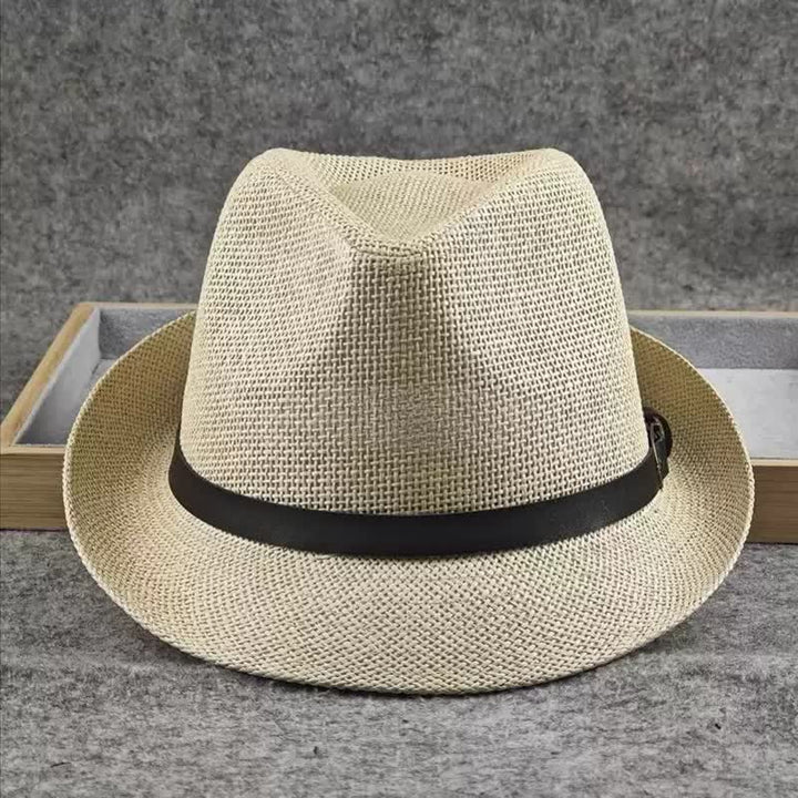 Men's British Plaid Houndstooth Pattern Summer Straw Fedora Hat