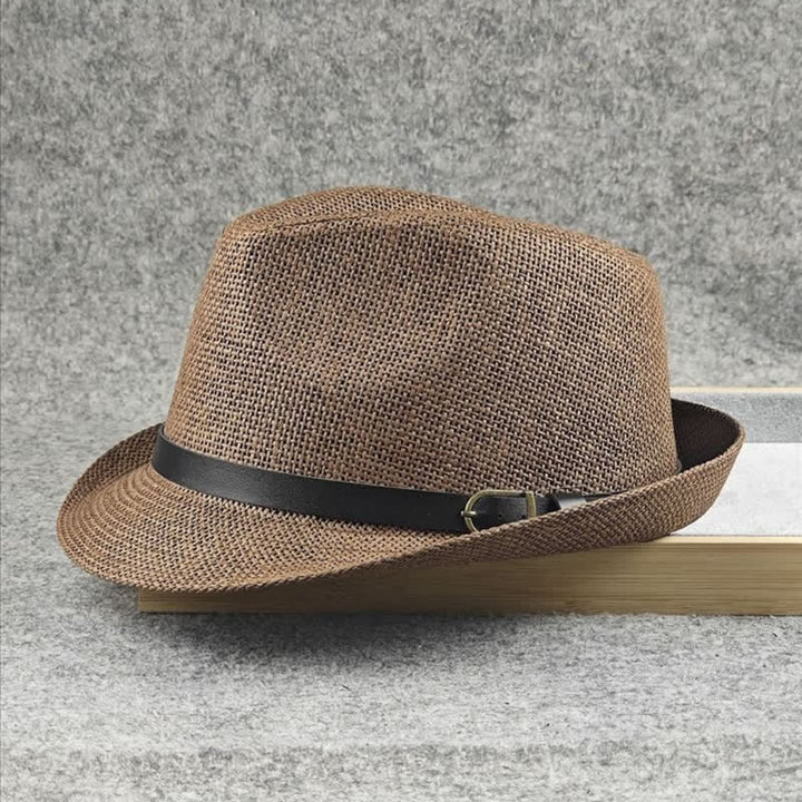 Men's British Plaid Houndstooth Pattern Summer Straw Fedora Hat