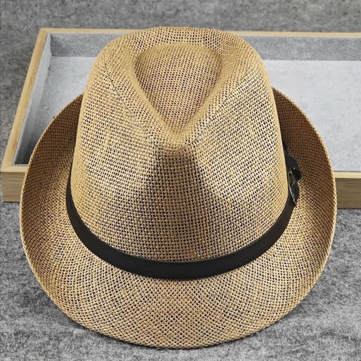 Men's British Plaid Houndstooth Pattern Summer Straw Fedora Hat