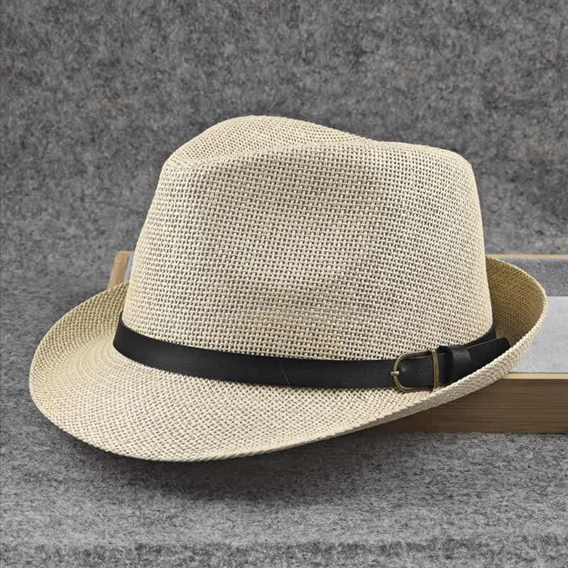 Men's British Plaid Houndstooth Pattern Summer Straw Fedora Hat