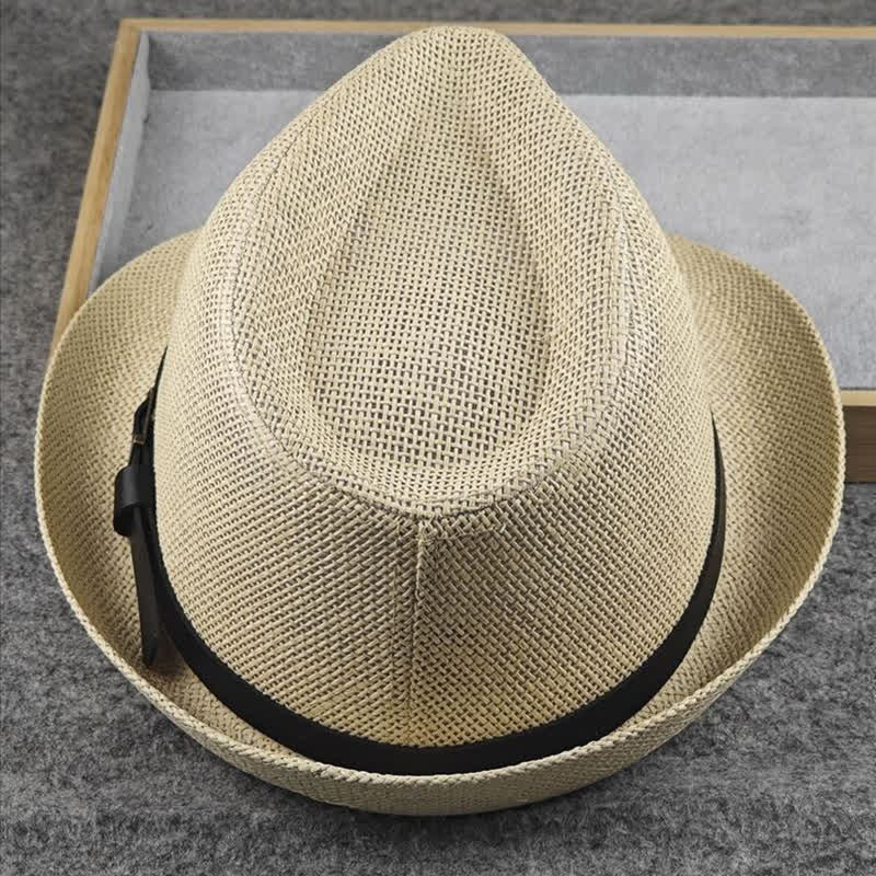 Men's British Plaid Houndstooth Pattern Summer Straw Fedora Hat