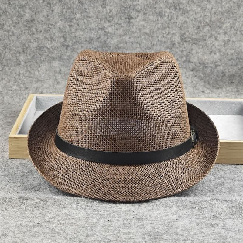 Men's British Plaid Houndstooth Pattern Summer Straw Fedora Hat