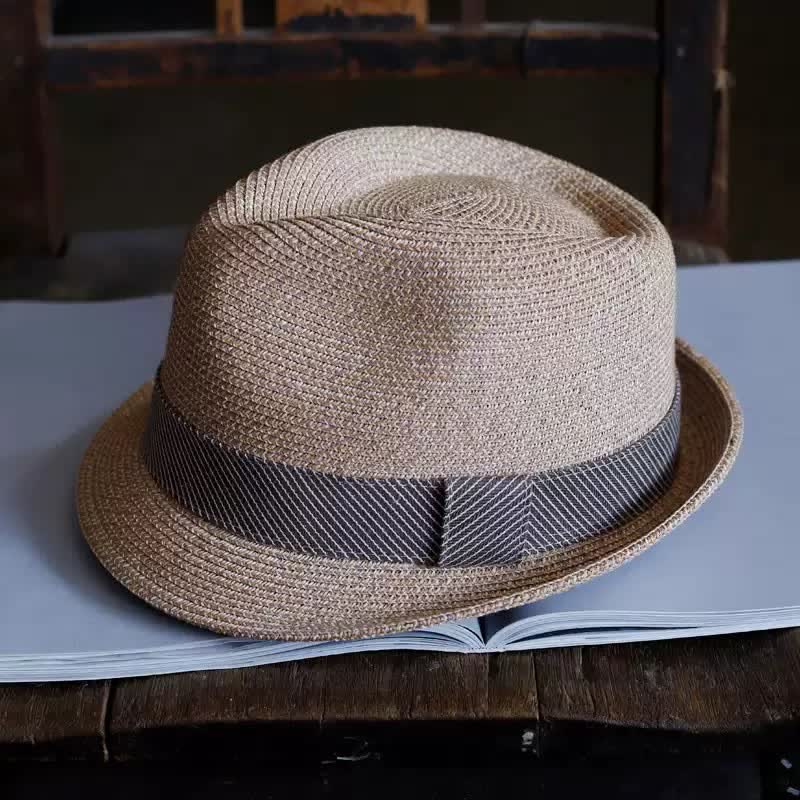 Men's Graceful Striped Ribbon Beach Straw Fedora Hat