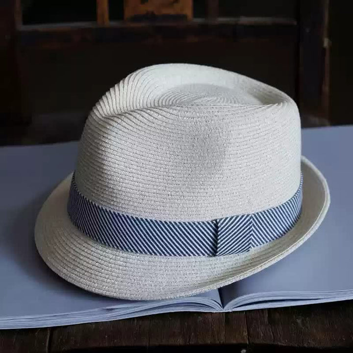 Men's Graceful Striped Ribbon Beach Straw Fedora Hat