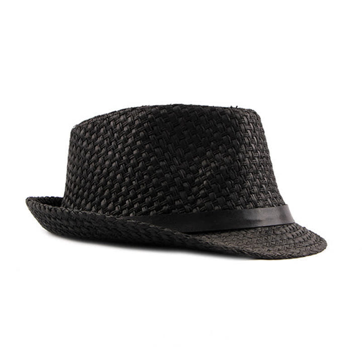 Men's Woven Leather Band Decor Beach Straw Fedora Hat