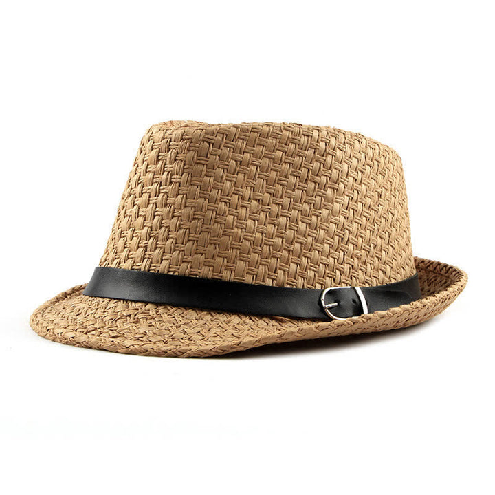 Men's Woven Leather Band Decor Beach Straw Fedora Hat