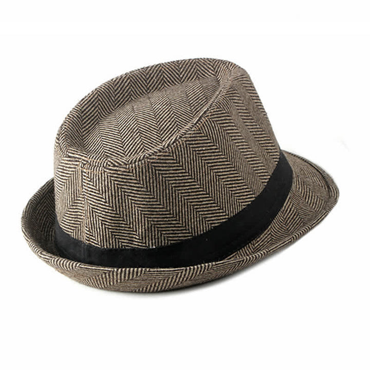 Gentlemen Herringbone Pattern Black Ribbon Fedora Hat