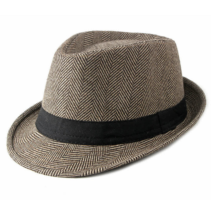 Gentlemen Herringbone Pattern Black Ribbon Fedora Hat