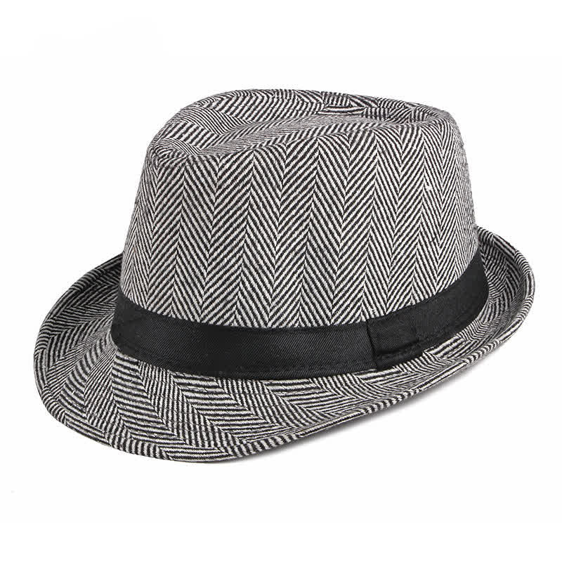 Gentlemen Herringbone Pattern Black Ribbon Fedora Hat