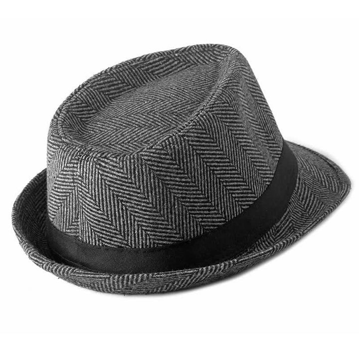 Gentlemen Herringbone Pattern Black Ribbon Fedora Hat