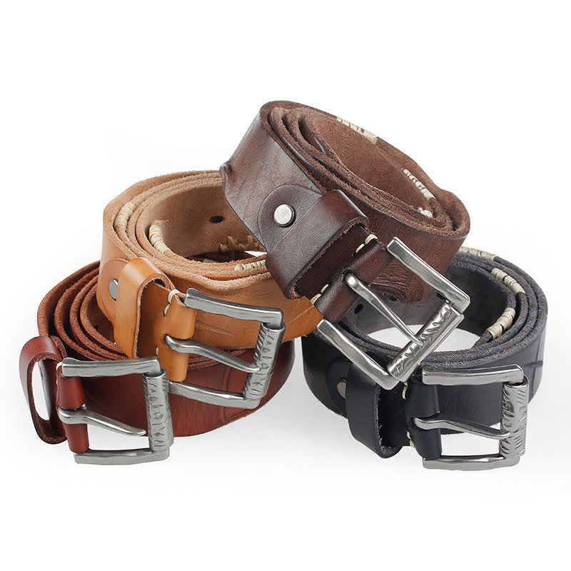 Men's Distressed Retro White Line Decor Leather Belt