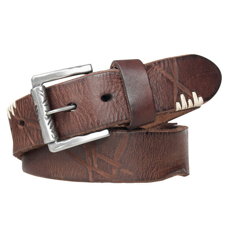 Men's Distressed Retro White Line Decor Leather Belt