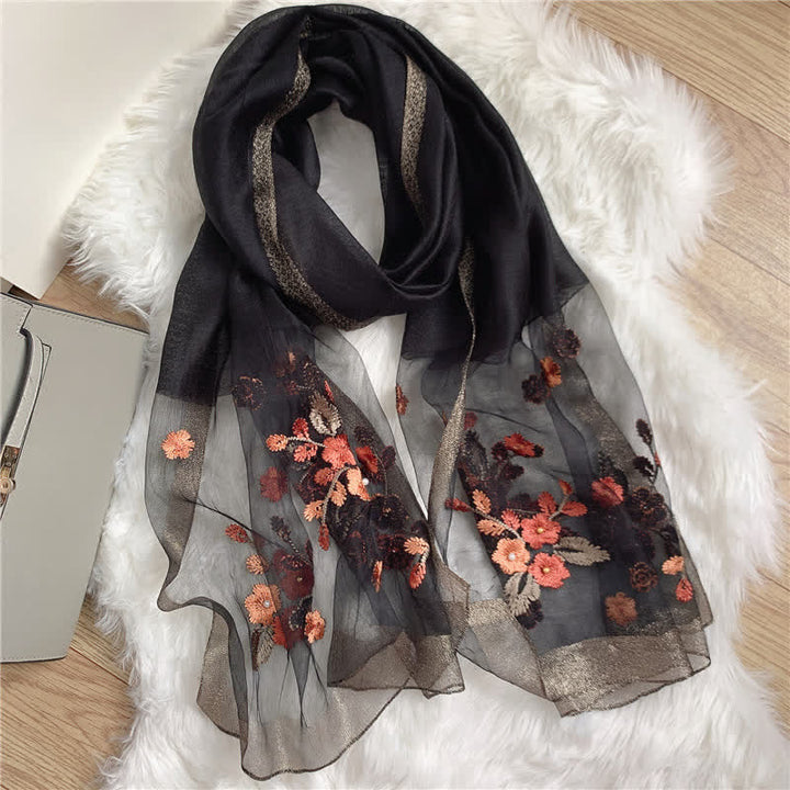 Birchapple Flower Embroidered Gold Edge Thin Summer Scarf