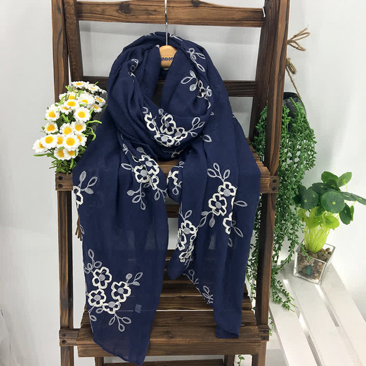 Women's National Cotton Linen Flower Embroidery Thin Scarf