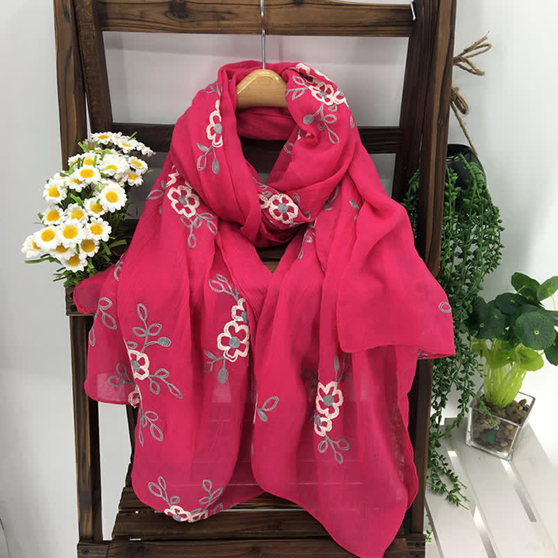 Women's National Cotton Linen Flower Embroidery Thin Scarf