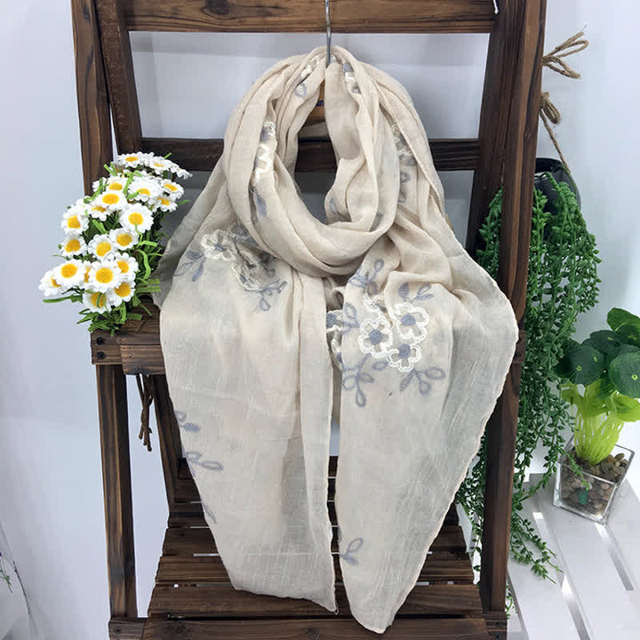 Women's National Cotton Linen Flower Embroidery Thin Scarf