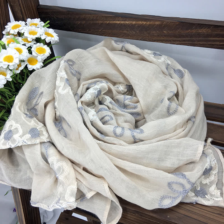 Women's National Cotton Linen Flower Embroidery Thin Scarf - Light Pink - image 16