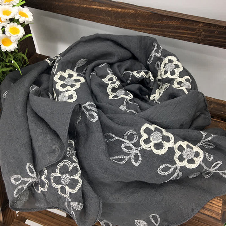 Women's National Cotton Linen Flower Embroidery Thin Scarf