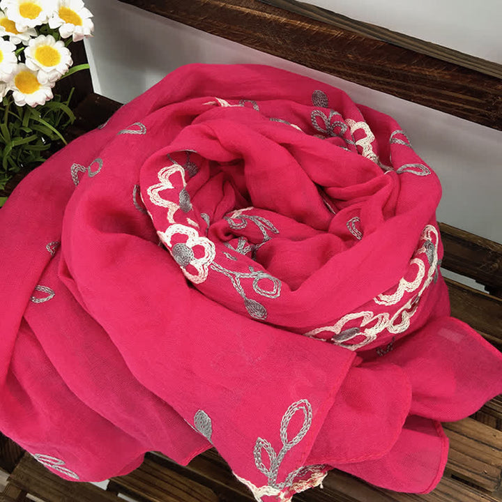 Women's National Cotton Linen Flower Embroidery Thin Scarf