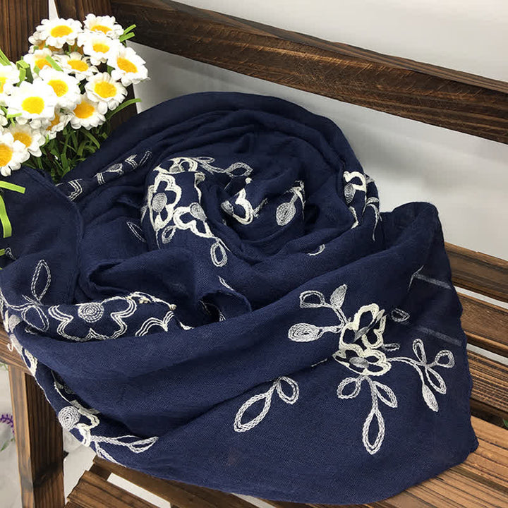 Women's National Cotton Linen Flower Embroidery Thin Scarf - Navy - image 10