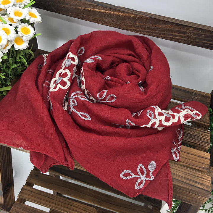 Women's National Cotton Linen Flower Embroidery Thin Scarf