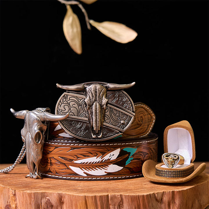 Western Cow DIY Hidden Knife Belt Buckle With Bull Ring Bundle Set - Bulls - Brown Feather Belt - 40 - image 0