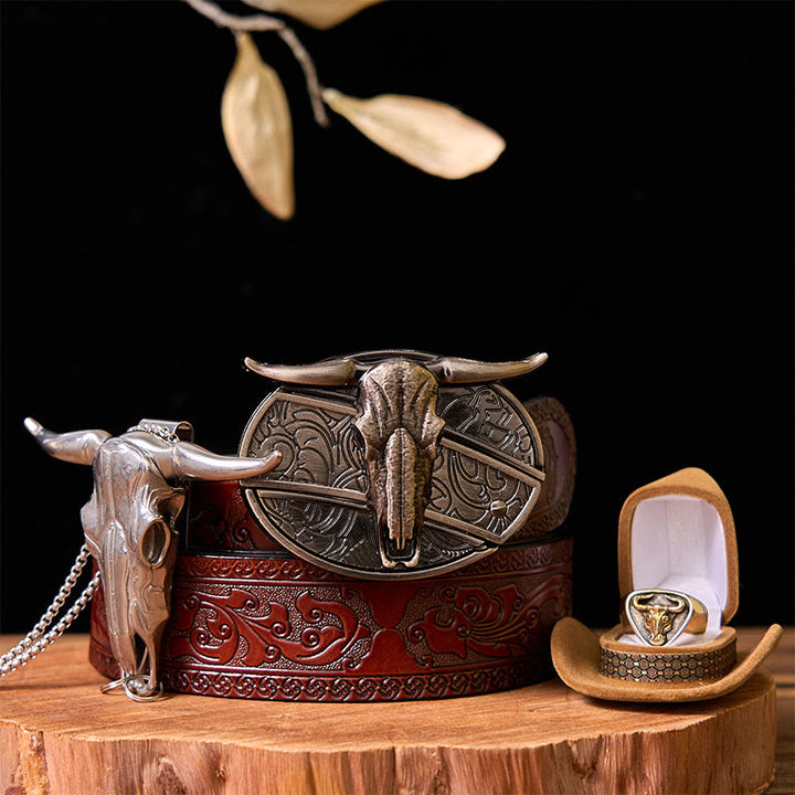Western Cow DIY Hidden Knife Belt Buckle With Bull Ring Bundle Set - Bulls - Brown Carved Belt - 42 - image 9