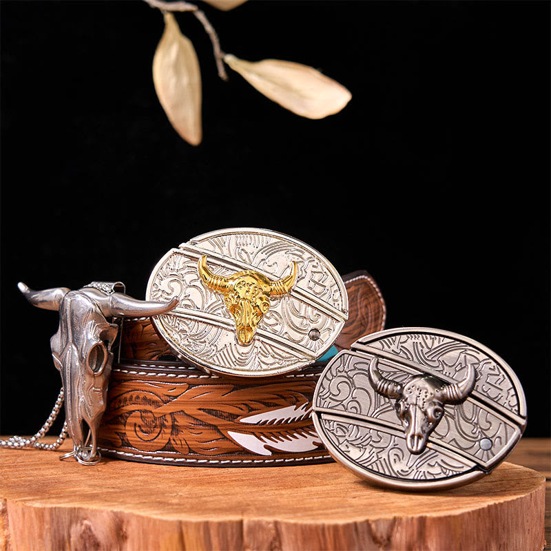 Double Bulls DIY Hidden Knife Belt Buckle With Longhorn Pendant Bundle Set - Gold & Silver Bulls - Brown Feather Belt - 40 - image 6