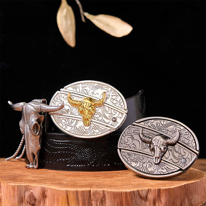 Double Bulls DIY Hidden Knife Belt Buckle With Longhorn Pendant Bundle Set - Gold & Silver Bulls - Black Embossed Eagle Belt - 42 - image 2