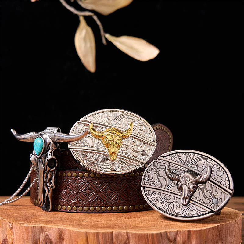 Gold Silver Bull DIY Knife Belt Buckle With Turquoise Longhorn Pendant Bundle Set (PRE-SALE) - Gold & Silver Bulls - Brown Rivet Belt - 42 - image 0