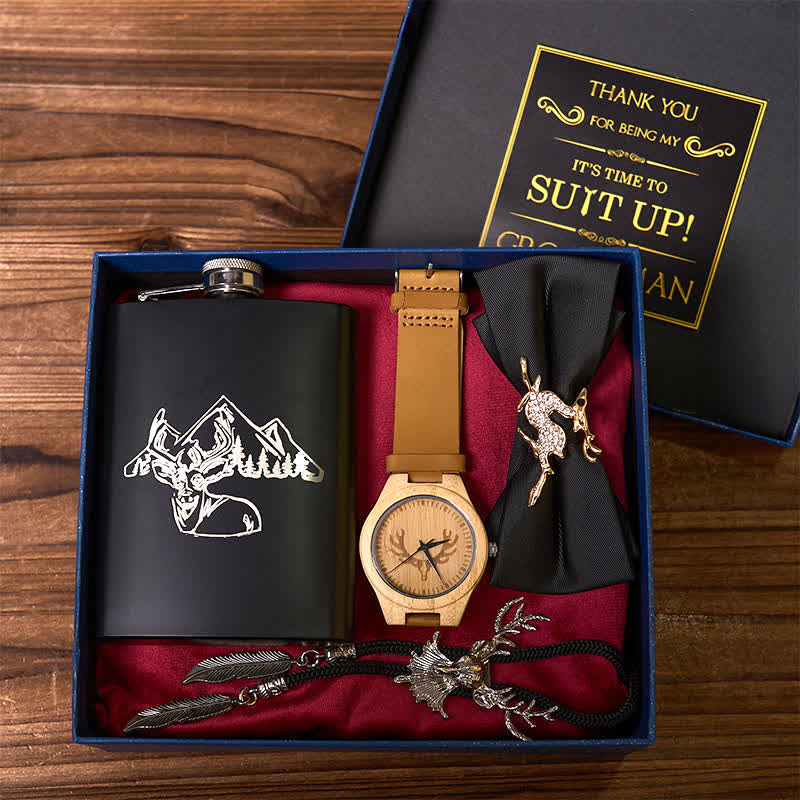 4Pcs Deer Theme Black Bow Tie Flask Bolo Tie Wooden Watch Groomsmen Gift Box